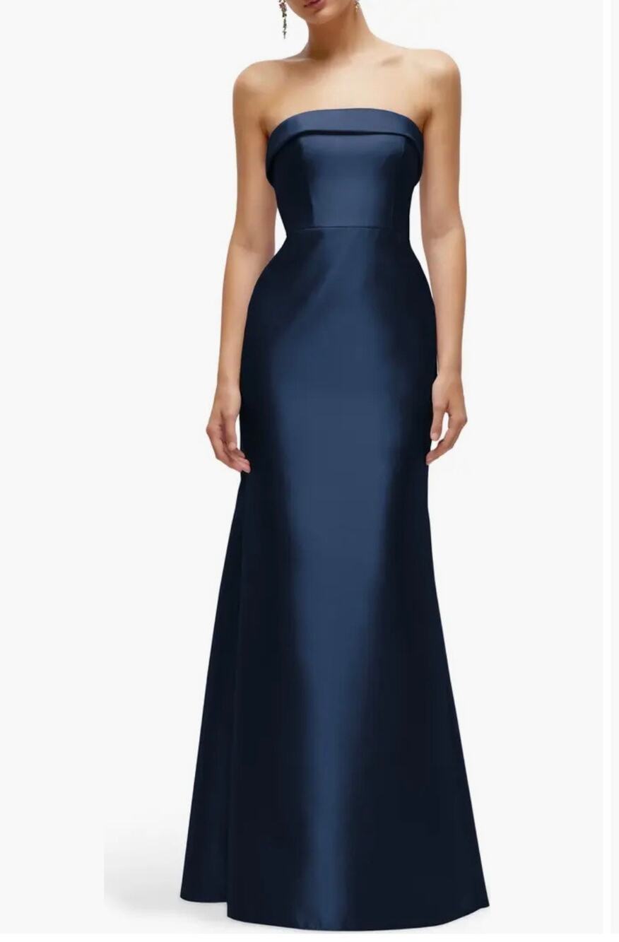Alfred Sung Strapless Satin Trumpet Gown - Size 14 - Navy